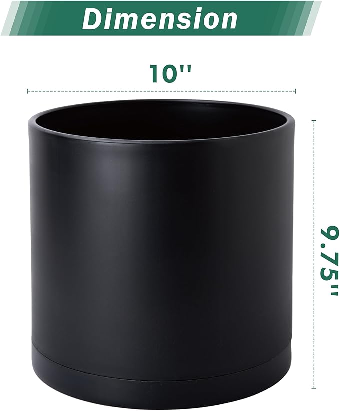 D'vine Dev 2 Pack 10 Inch Modern Plastic Plant Pots, Small Garden Planters for Plant with Drainage Holes and Saucers, Black Color, 74-Y-N-1