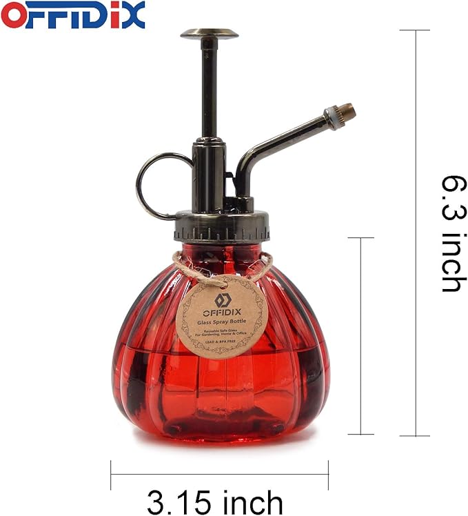 OFFIDIX Plant Glass Spray Bottle,Flower Mister Indoor Plant Watering Can Pot 6.3" Tall Vintage Pumpkin Style with Bronze Plastic Top Pump One Hand Small Watering Cans for House Plants(Red)