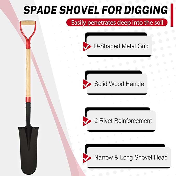 Nohovu Spade Shovel for Digging, Heavy Duty Shovel with D-Handle, Trench Shovel for Gardening, 45 Inches