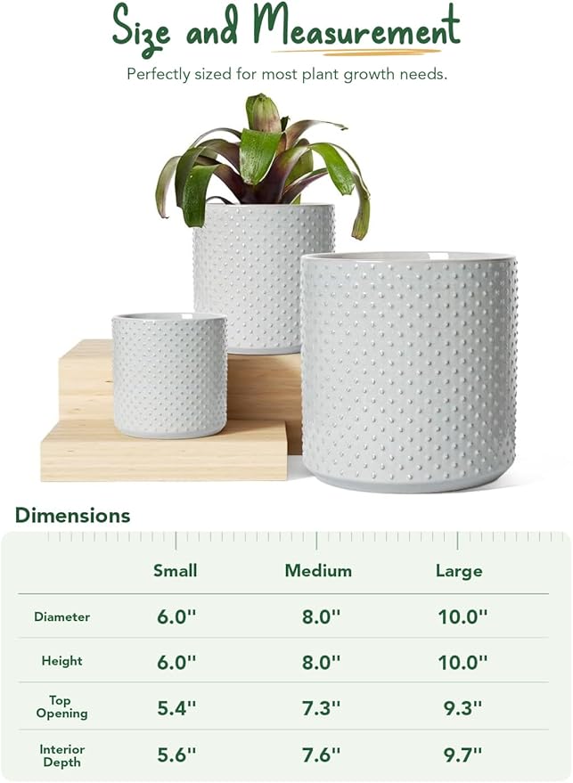 LE TAUCI Ceramic Plant Pots Indoor, 10+8+6 Inch Planters for Indoor Plants, Raised Dots Flower Pots with Drainage Hole and Plug, Cylinder Round Planters, Set of 3, Glaze Star Gray
