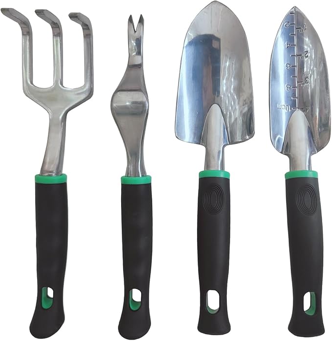 Gardening Tool Set Including Hand Trowel, Transplant Trowel, Cultivator Hand Rake, Pruning Shears and Weeder, Non-Slip Rubber Grip (4 pcs Green)