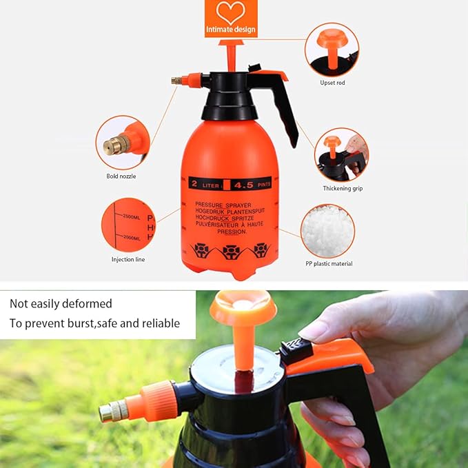 JoyTube 2Pcs Garden Pump Sprayer 68 oz/0.5 Gallon Hand Held Pressure Bottle Brass Adjustable Nozzle Large Capacity for Water Weed Flower Plant Mister Lawn Home Cleaning Washing Spray 2L-Orange
