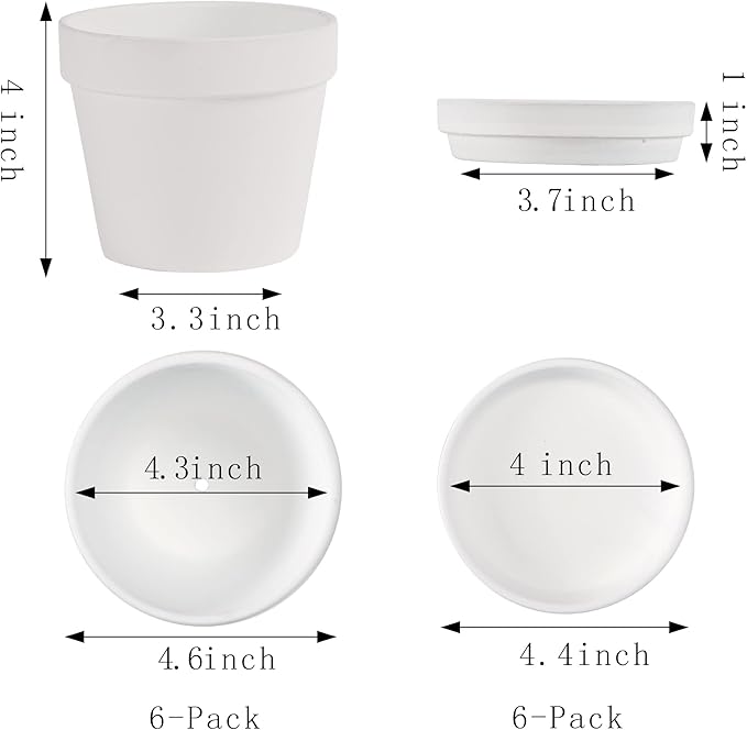 Fcacti 6 Pack 4.5 Inch White Terra Cotta Pots with Saucer, Clay Planters with Drainage Hole, Indoor/Outdoor Plants, Succulent, Cactus Flower Pots