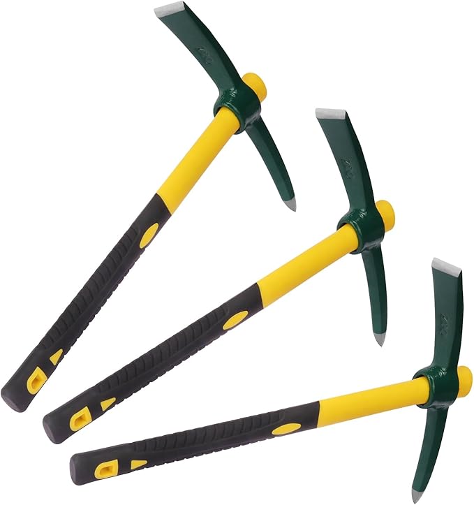 3 Pack 15 Inch Mattock Hoe, Steel Forged Pickaxe with Fiberglass Handle, Weeding Pick Axe, Hand Digging Mattock for Camping, Prospecting, Weeding