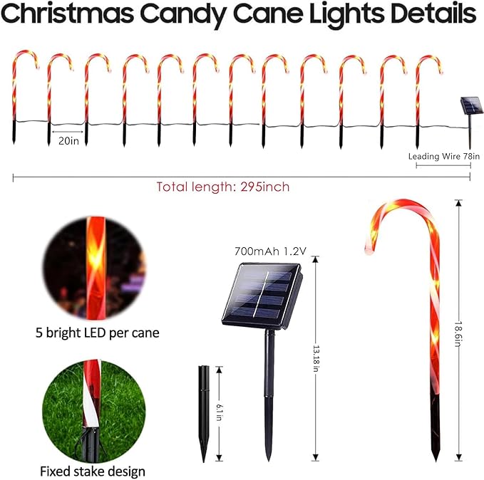 KAQ 24 Pack Upgraded Solar Candy Cane Lights, Waterproof Outdoor Pathway Stake Christmas Lights with 8 Modes, Solar for Outside Yard Walkway Garden Christmas Decorations