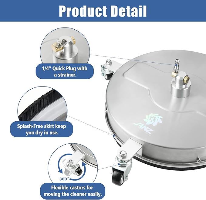 janz 17" Pressure Washer Surface Cleaner with 4 Wheels, 1/4" Quick Plug, 2 Extension Wands, 2 Replacement Nozzles and 3 Spray Nozzles, 4000 PSI