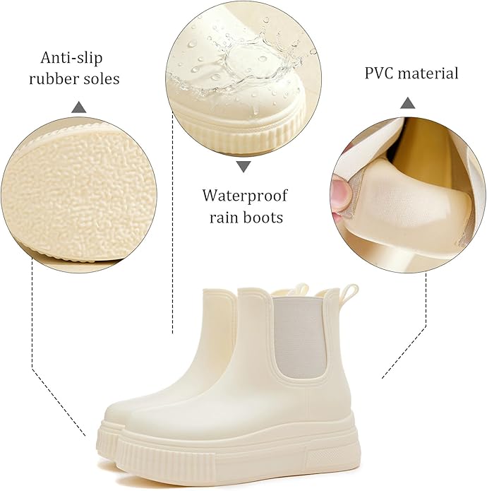 Women's PVC Chunky Platform Ankle Rain Boots Waterproof Slip On Anti-slip Chelsea Boots Comfort Wide-leg Elastic Band Outdoor Rubber Garden Work Rain Boots For Yard Farm