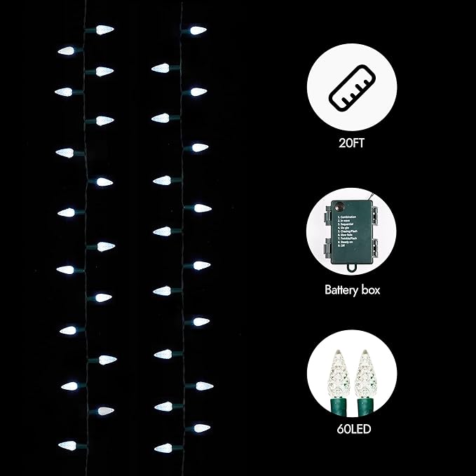 WBao C6 Christmas Lights, 60 LED 20ft Battery Operated String Lights with 8 Modes, Timer, Waterproof Design for Indoor Outdoor Christmas Trees, Fence, Stairs Xmas Decorations, Cool White