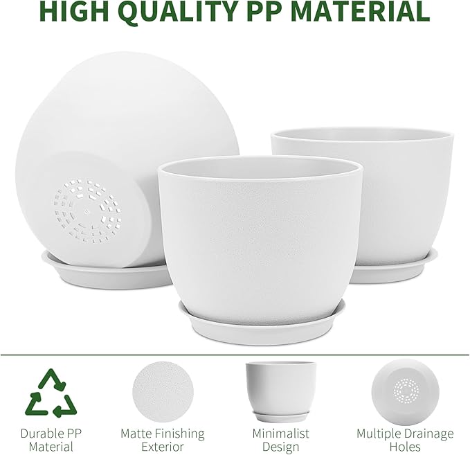 GARDIFE 12/10/9 inch Plant pots, Plastic Large planters for Indoor Plants, Flower pots, White