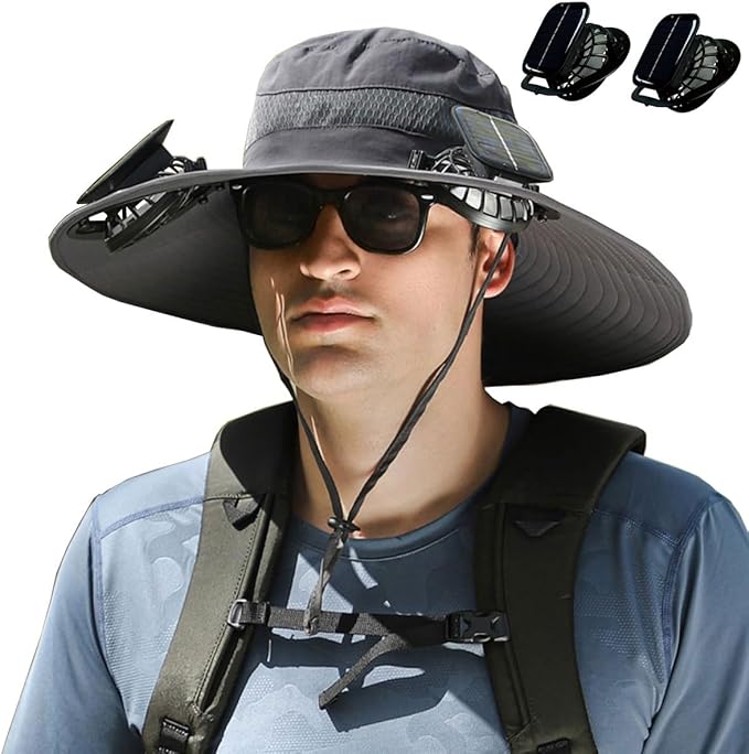 Solar Fan Hat, Wide Brim Sun Hat with 2 Solar Fan Large, USB UPF 50+ Fishing Cap with Fans Built in for Men Women