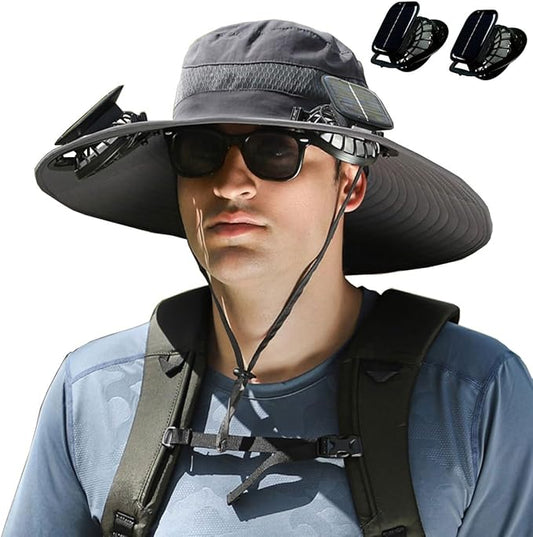 Solar Fan Hat, Wide Brim Sun Hat with 2 Solar Fan Large, USB UPF 50+ Fishing Cap with Fans Built in for Men Women