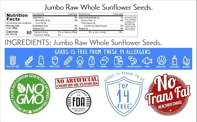 Gerbs Jumbo Raw Whole Sunflower Seeds 2 lbs. | No Additives, Shell-On, Resealable Bag | Crack-and-Eat Crunchy Snack | Top 14 Allergen-Free
