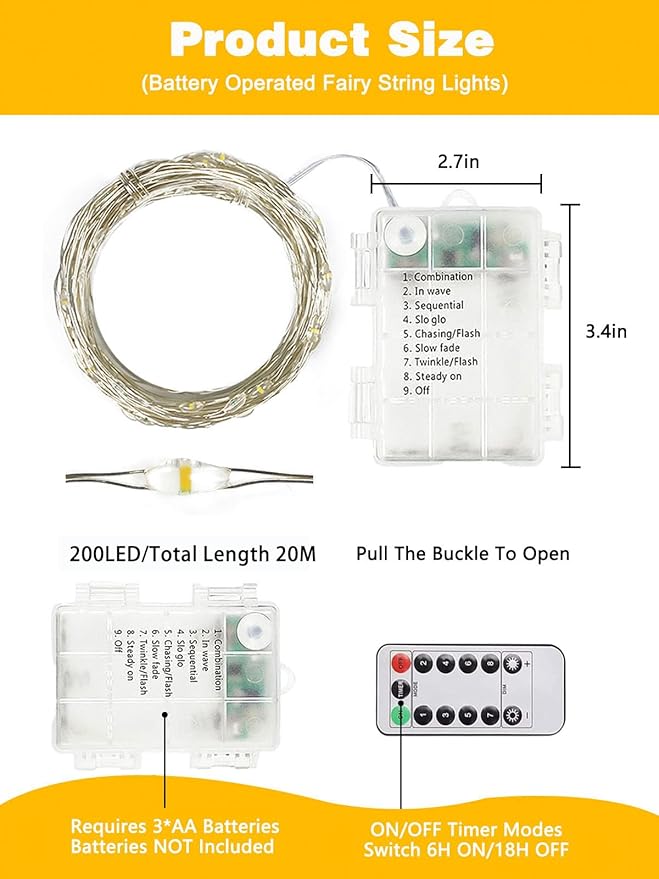 2 Pack 200LED Christmas Battery Operated Fairy Lights with Remote, 8 Modes String Light with Timer, Dimmable, Memory Function, Waterproof Twinkle Lights for Outdoor Indoor Christmas Decor(Warm White)