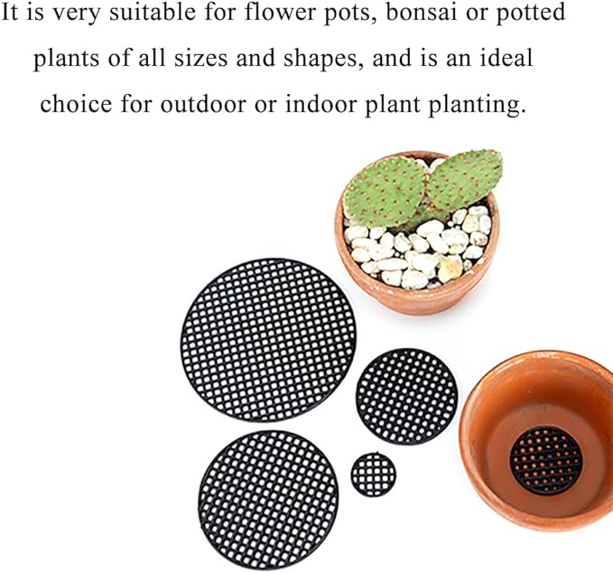 HAHIYO 50PCs 2.2Inch/5.5Cm Black Round PP Plastic Flower Pot Hole Mesh Pad Bottom Grid Mat Bonsai Drainage mesh Hole Screens Gasket Prevent Soil Loss Breathable Gasket Drainage Netting for Bonsai