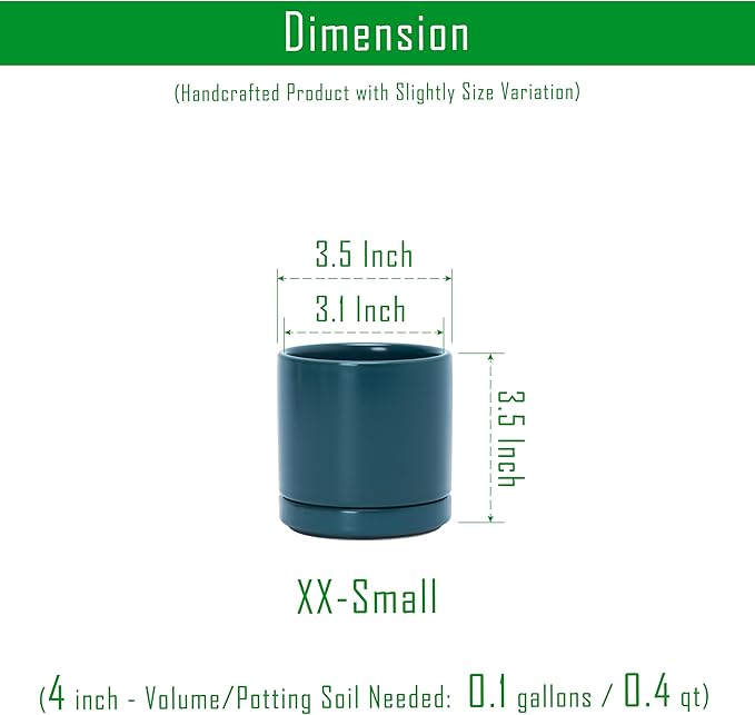 D'vine Dev Set of 3 Plants Pots, 3.5 Inch Ceramic Planter Pot for Plants with Drainage Hole and Saucer, Teal, 94-N-A-9