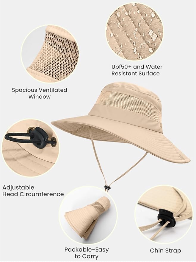 EW EastWater Beach Sun Bucket Hats for Women,UV Protection High Ponytail Hole UPF 50+ Waterproof for Hiking Safari Fishing
