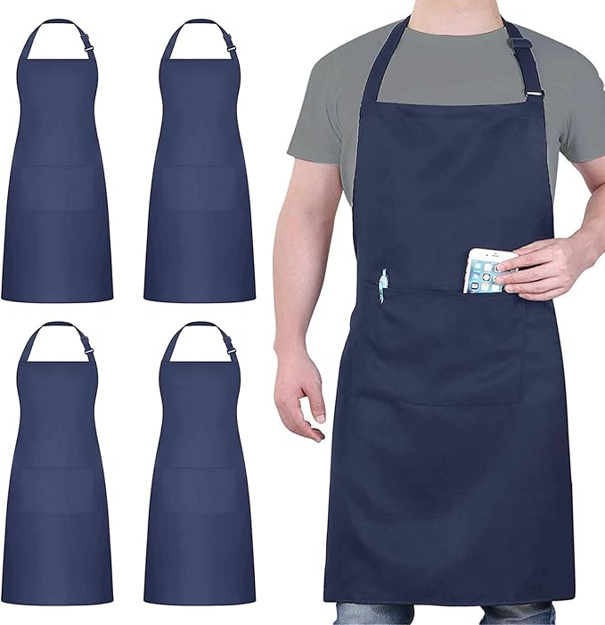 4 Pack Chef Apron, Waterproof Apron, Adjustable Apron with 2 Pockets for Men Women, Apron for Cooking Baking Restaurant (Polyester Blend, Navy Blue)