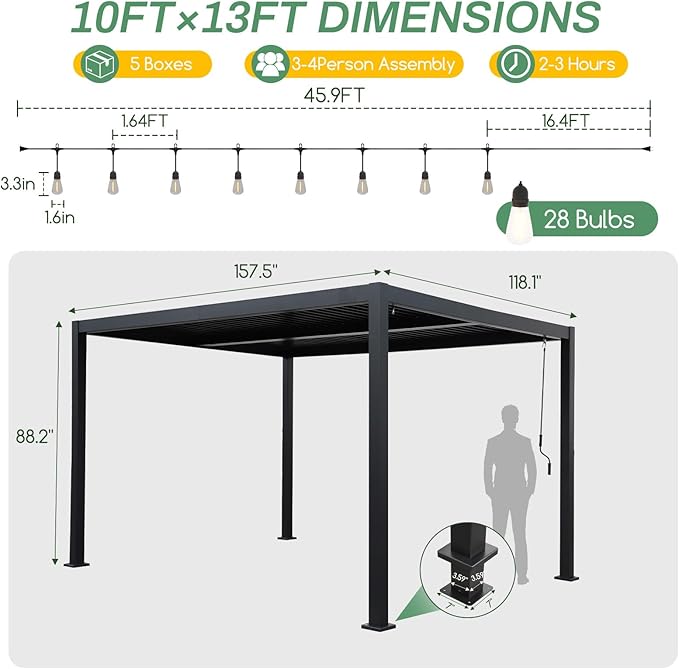 LVUYOYO Outdoor Louvered Pergola 10' x 13' with LED String Lights, Aluminum Pergola with Adjustable Roof, Waterproof Metal Gazebo for Patio, Backyard, Garden, Deck (10x13FT with Lights)