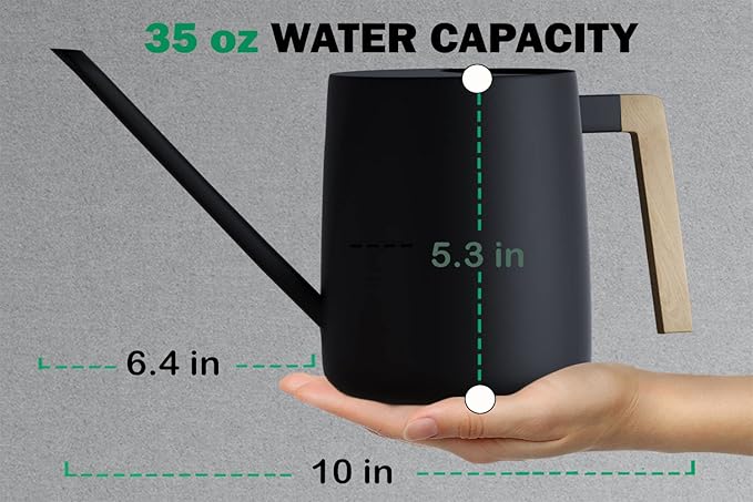 35 Ounce Metal Small Indoor Watering Can with Long Spout & Real Wood Handle for House Plants, Succulents, Cacti & Seedlings - Black Long Spout Watering Can Indoor Plants - Gentle Flow & No Spills