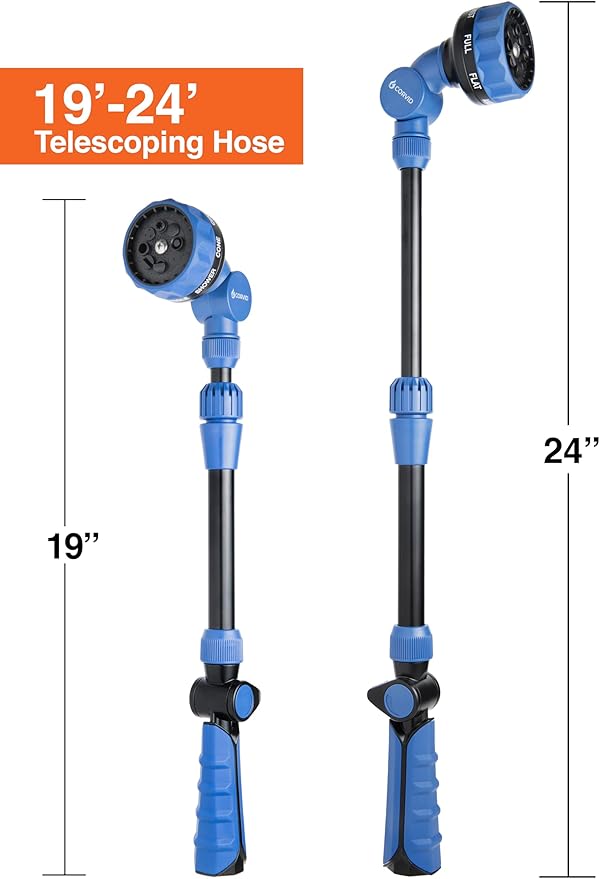 with Corvid Adjustable Thumb Control Garden Watering Wand, 19-24 Inch Telescoping Hose Nozzle 8 Spray Patterns, Heavy-Duty Zinc & Aluminum for Precise Watering and Cleaning