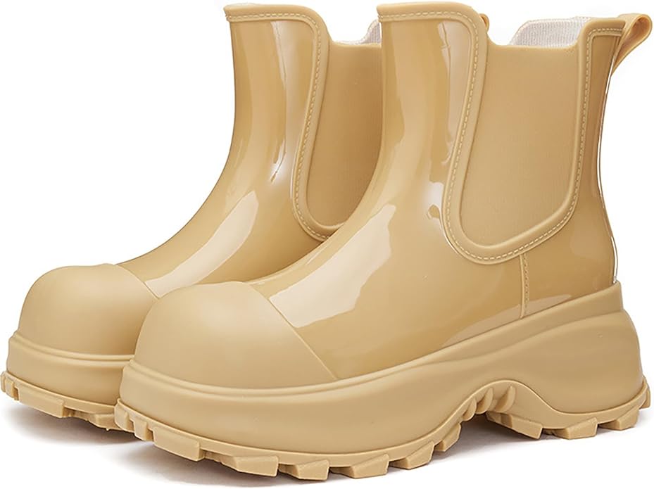 Women'S Waterproof Chunky Platform Chelsea Rain Boots Fashion Big Toe Comfort Slip-On Block Heel Outdoor Garden Work Ankle Boots Casual Lug Sole Non-Slip Combat Booties
