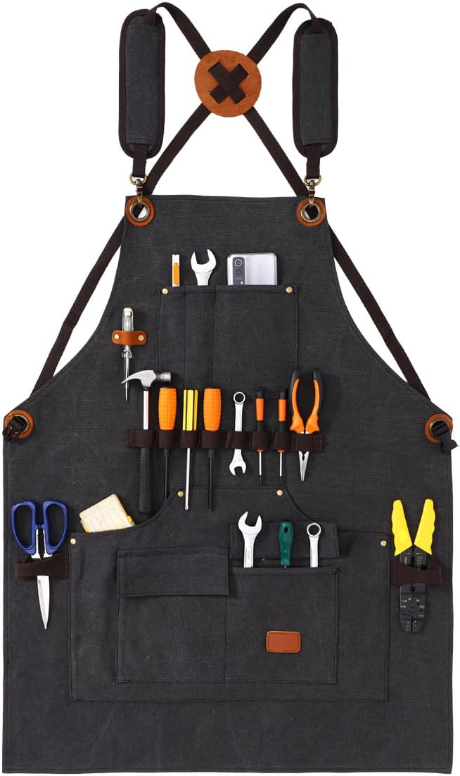 Aprons for Men, Heavy Duty Canvas Tool Apron, With multi Tool Pockets, Adjustable S to XXXL Cross Back Apron, Workshop & Woodworking Apron, Utility Work Aprons for Men