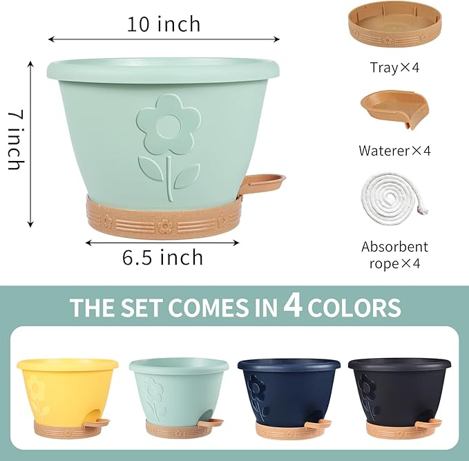 Plastic Plant Pots 10 Inch Set of 4, Self Watering Pots with Drainage Holes, Saucer & Reservoir, Flower Pots for Indoor/Outdoor Plants, Decorative Nursery Planting Pots (Green)
