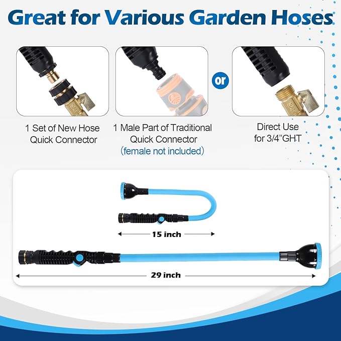 Tesony Watering Wand, 29" Bendable Garden Hose Wand with 10 Adjustable Spray Patterns, Water Sprayer Wand with Thumb Control Shut Off Valve, Quick Connector, Great for Hanging Baskets, Watering Plants