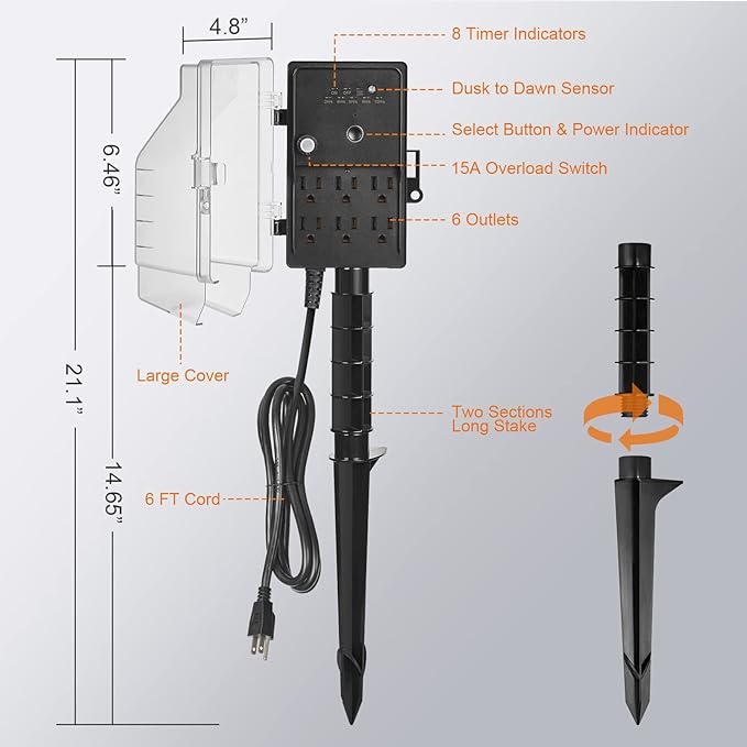SURAIELEC Outdoor Power Stake Light Timer, Dusk to Dawn, 6 Electrical Outlet Power Strip Weatherproof, 6FT Extension Cord Multiple Outlet for Patio Lights, Sprinkler, Garden, Christmas Decorations