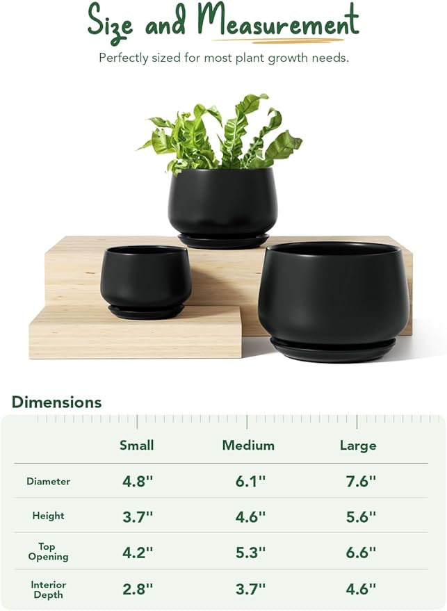 LE TAUCI Plant Pots, 4.1+5.1+6.5 inch, Set of 3, Ceramic Planters with Drainage Hole and Saucer, Indoor Flower Pot with Hole Mesh Pad, Gifts for Mom, Black