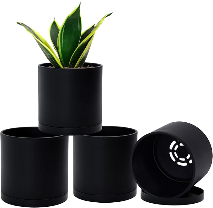 D'vine Dev 4 Pack 4.5 Inch Modern Plastic Plant Pots, Small Garden Planters for Plant with Drainage Holes and Saucers, Black Color, 74-Y-F-2
