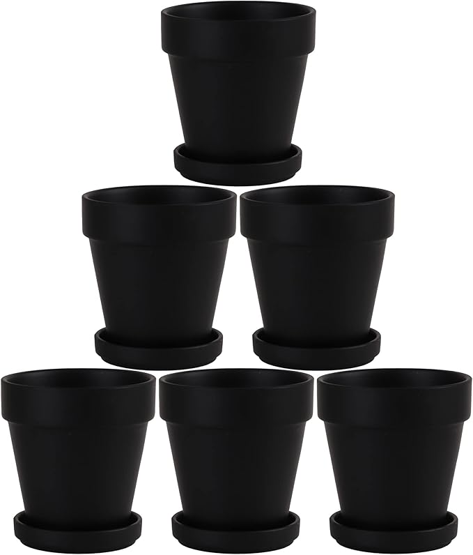 Black Terra Cotta Pots with Saucer- 6-Pack Small Terracotta Pot Clay Pots 4'' Clay Ceramic Pottery Planter Cactus Flower Pots Succulent Pot with Drainage Hole- Great for Plants,DIY Craft Projects