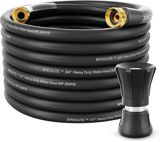 SPECILITE 3/4" Garden Hose 75 ft with High Flow Nozzle, Heavy Duty Flexible Hybrid Rubber Water Hose for Outdoor, Lightweight, Leak-Proof, No-Kink, 3/4"Brass Fittings,Black