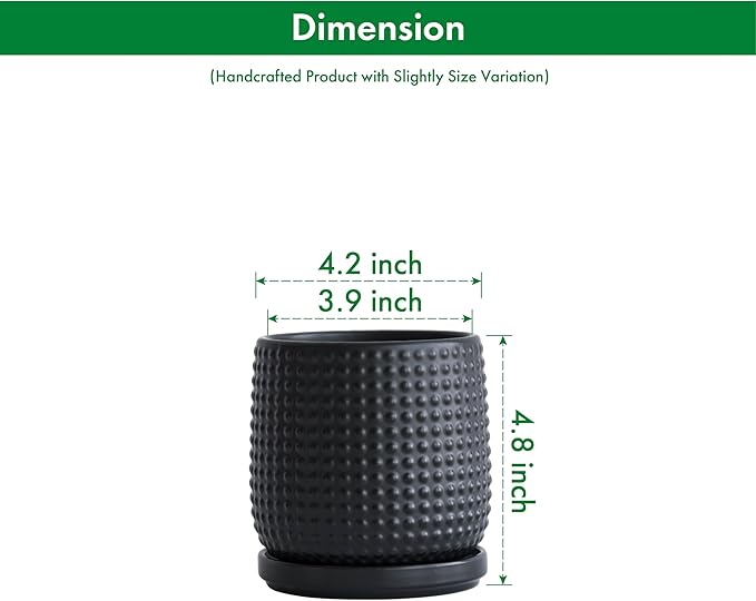 D'vine Dev Set of 2 Ceramic Plants Pots, 4 Inch Beaded Stoneware Flower Pot for Plants with Drainage Hole and Saucer, Ebony Matte, 27-E-Z-6