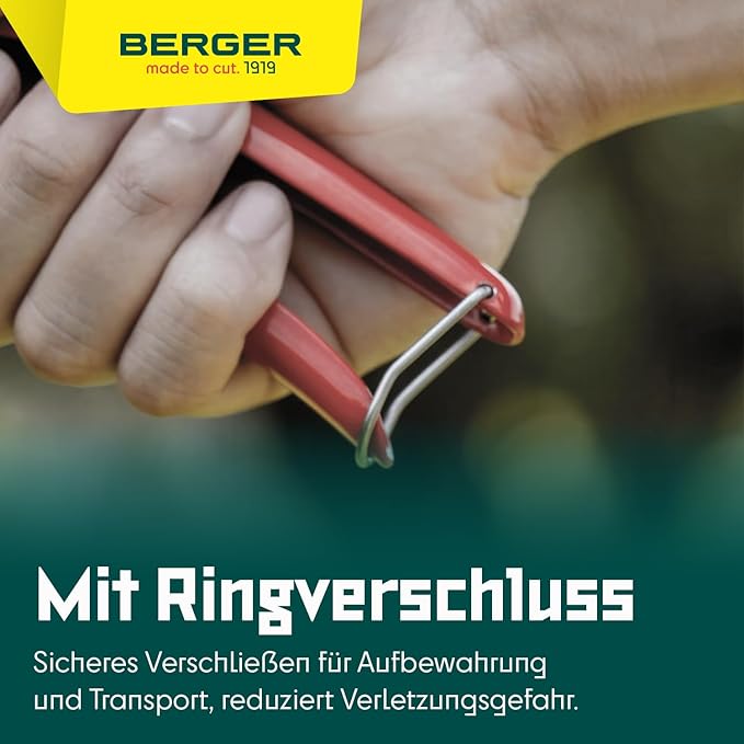 BERGER Commercial Grade Grass Shears, Self-Sharpening Steel Blades with Anti-Stick Coating, Forged Steel Body, Ring Clasp for Hanging Storage, 2200