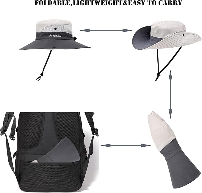 Womens Summer Sun Hat Beach Hat Wide Brim Outdoor UV Protection Hat Foldable Cool Mesh Ponytail Bucket Hat