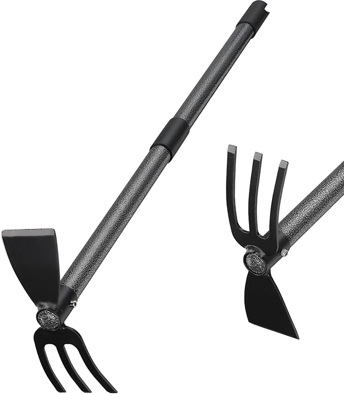 Hoe and Cultivator Gardening Hand Tools, Heavy Duty Stainless Steel Garden Hoe and 3 Fork Hand Tiller for Gardening Weeding Planting with Adjustable Handle 45 inch