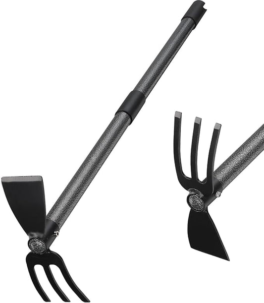 Hoe and Cultivator Gardening Hand Tools, Heavy Duty Stainless Steel Garden Hoe and 3 Fork Hand Tiller for Gardening Weeding Planting with Adjustable Handle 45 inch