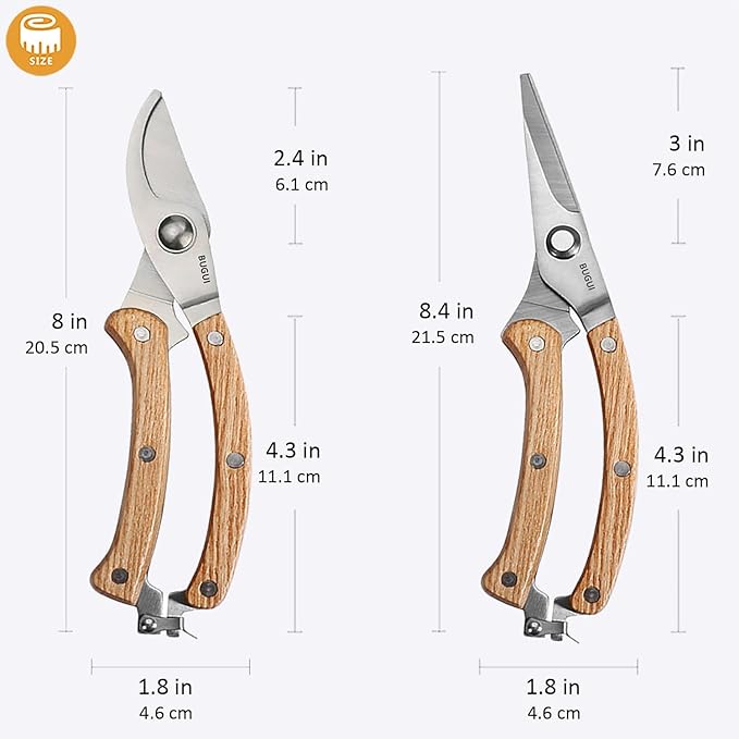 BUGUI 8” Wood Handle Garden Scissors, Set of 2, Includes Bypass Pruning Shears and Long Straight Tip Clippers, Premium Gardening Tools with Precision-Ground SK-5 Steel Blade