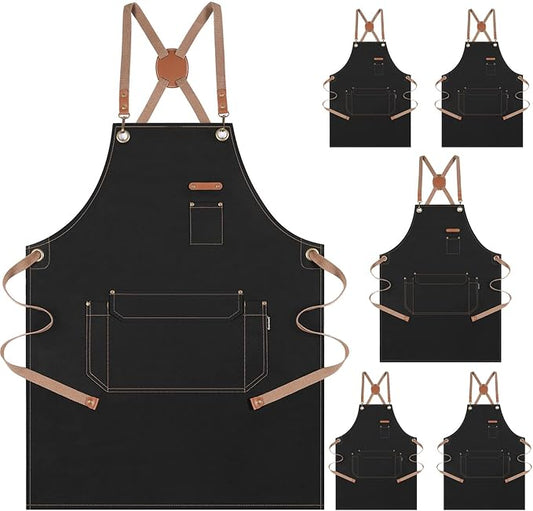Genixart Chef Apron for Men Women with Pockets, Canvas Aprons for Kitchen Cooking, Artist Painting, Work Apron for Server (Black, 6 Pack)