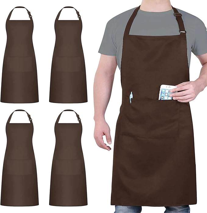 4 Packs Chef Apron, Waterproof Apron, Adjustable Aprons with 2 Pockets for Men Women, Professional Aprons for Kitchen Cooking Gardening Painting Baking Restaurant (Coffee)