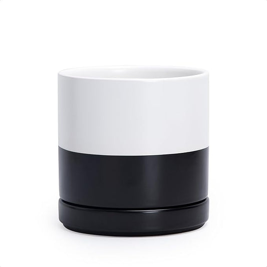 D'vine Dev 6.5 Inch Ceramic Planter Pot with Drainage Hole and Saucer, Indoor Cylinder Round Planter Pot, Layered Monochrome Black & White, 94-O-C-L