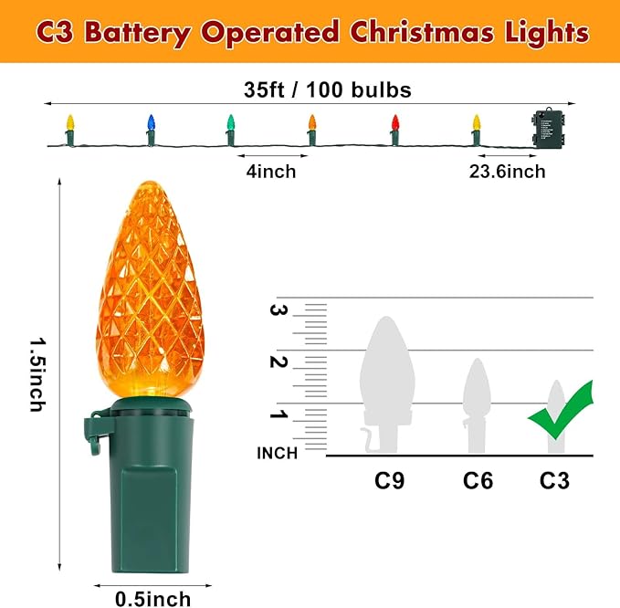 Brightever C3 Battery Operated Christmas Lights, 35FT 100 LED Battery Christmas Lights with Timer & 8 Lighting Modes, Waterproof Strawberry Xmas Tree Light for Indoor Outdoor Decor, Multicolor, 1-Pack