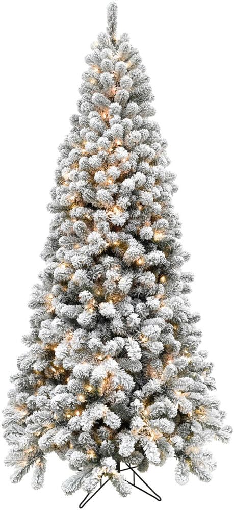 Fraser Hill Farm Alaskan Flocked Christmas Tree, 9 Feet Tall, Faux Tree with White Incandescent Smart Lights, Lights with Easy to Connect and Set up Features, Modern Holiday Décor