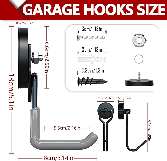 3-H Heavy Duty Magnet Garage Hooks 2 Pack, Large Strong Magnetic Hooks for Hanging Cordless Power Drill, Utility Magnetic Tool Holder for Metal Cabinet, Steel Pegboard, Toolbox, Garage(Grey)
