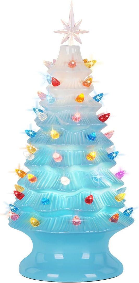 Lakumu 16.5" Table Top Christmas Tree, Hand Painted Resin Christmas Tree with Lights, Pre-lit Xmas Tree Decor Lighted Tabletop Decoration with Multicolored LED Bulbs, Ceramic-Like Finish, Blue