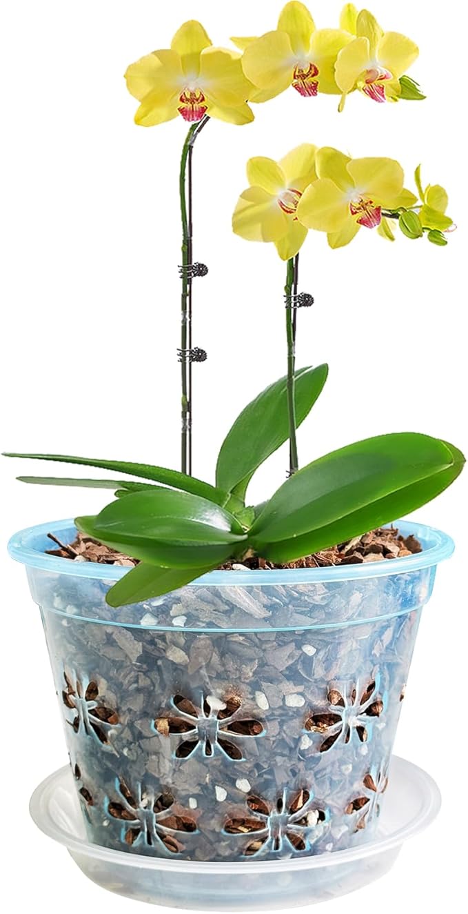 Orchid Pot, 8 Pack Orchid Pots with Holes & Saucers, Clear Plastic Pot for Repotting, Breathable Ventilation Planters for Phalaenopsis, Dendrobium & Oncidium Orchids(4 inch, Blue)
