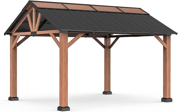Macrout 13'x15' Hardtop Gazebo with Gabel Roof Canopy and Aluminium Frame, Outdoor Grill Gazebo Pergola for Patio, Backyard and Party, 4967 (Gable Roof + Brown Frame, 13'x15')