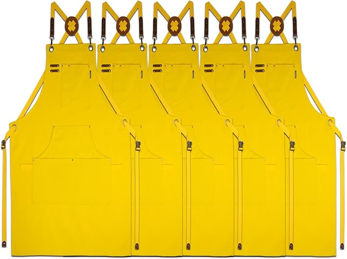 5 Pack Kitchen Apron, Work Apron, Canvas, Multiple Pockets, Gardening, Painting, BBQ, Artist, Carpenter, Sizes M to XXL, Yellow