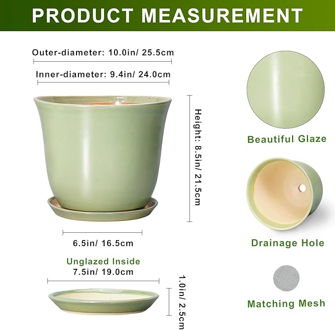 Ceramic Pots for Plants - 10 Inch Planter with Drainage Hole and Tray, Round Large Planter for Indoor Plant Outdoor, Modern Flower Pot, Garden Office Home Decor, Gift for Plant Lover, Green